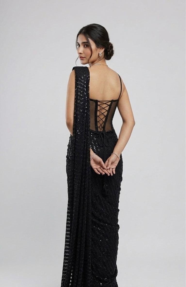 BLACK CORSET READY TO WEAR SAREE SET