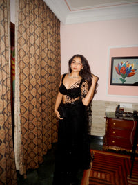 BLACK COCKTAIL READY TO WEAR GLAM SAREE WITH CUTWORK EMBROIDERY
