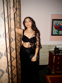 BLACK COCKTAIL READY TO WEAR GLAM SAREE WITH CUTWORK EMBROIDERY