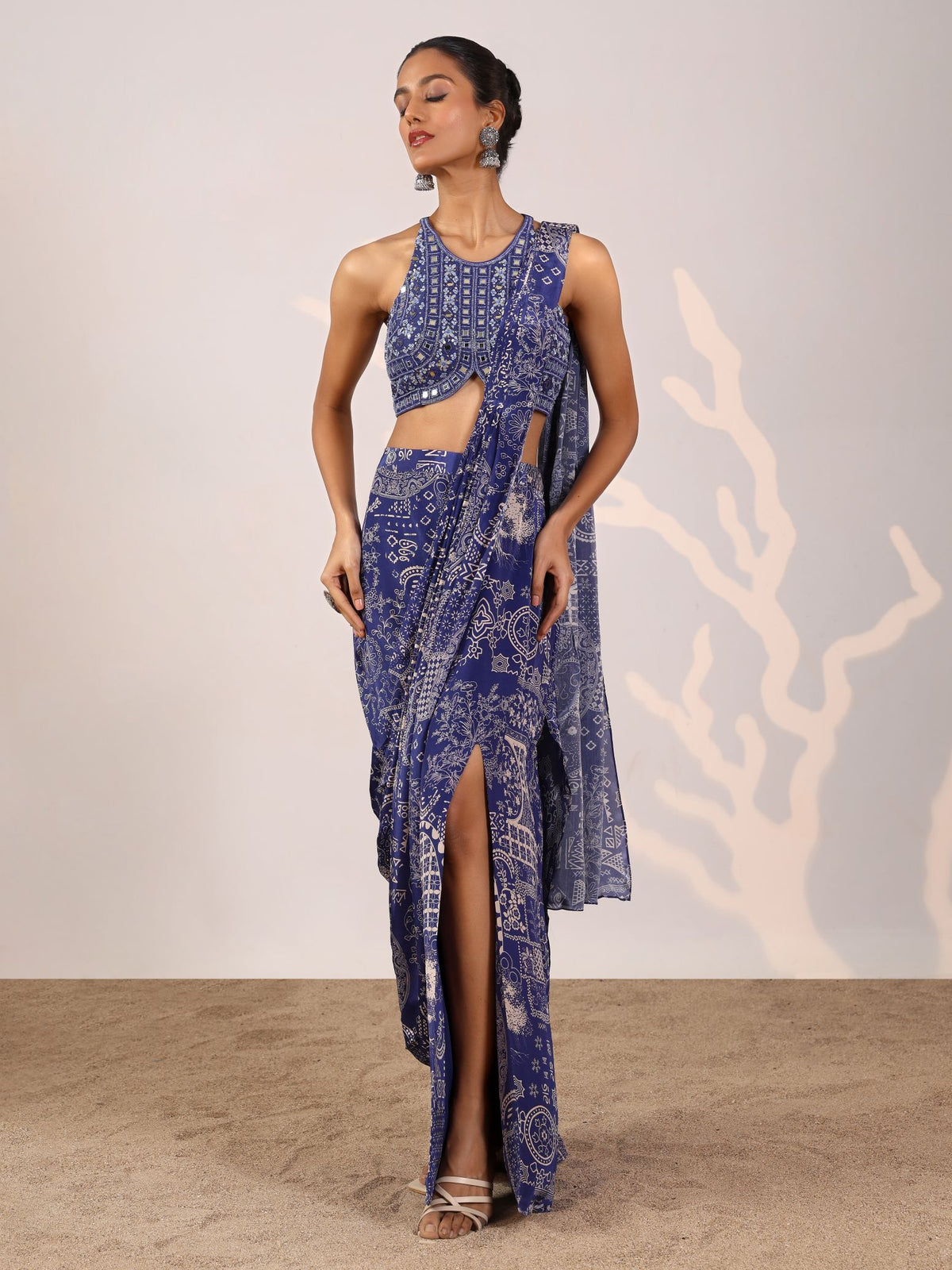 BLUE PRINTED READY TO WEAR SAREE WITH SLIT