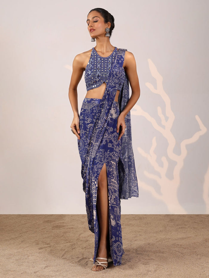 BLUE PRINTED READY TO WEAR SAREE WITH SLIT
