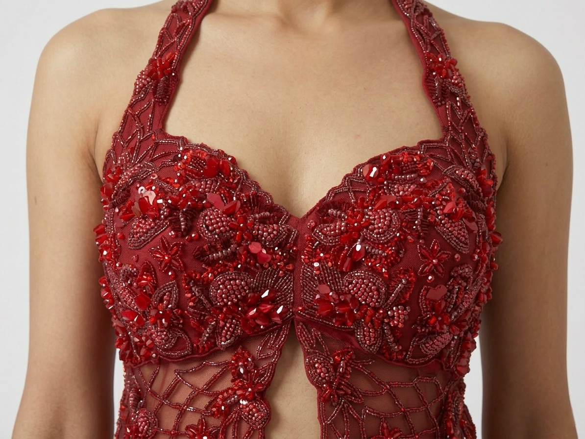 RED EMBROIDERED HALTER NECK TOP AND PLEATED SKIRT INDOWESTERN SET