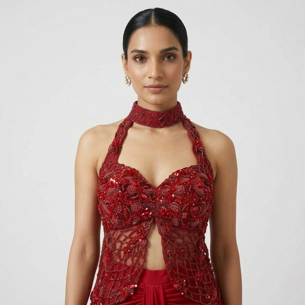 RED EMBROIDERED HALTER NECK TOP AND PLEATED SKIRT INDOWESTERN SET