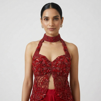 RED EMBROIDERED HALTER NECK TOP AND PLEATED SKIRT INDOWESTERN SET