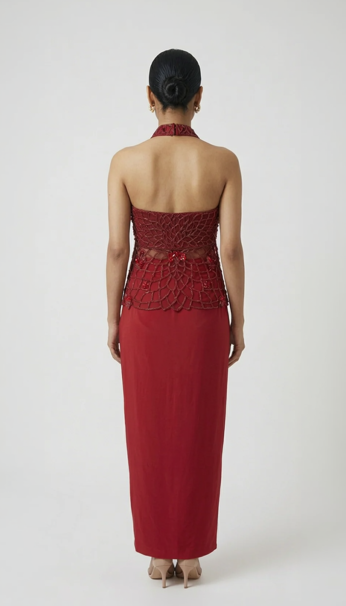 RED EMBROIDERED HALTER NECK TOP AND PLEATED SKIRT INDOWESTERN SET
