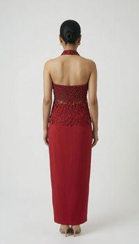 RED EMBROIDERED HALTER NECK TOP AND PLEATED SKIRT INDOWESTERN SET