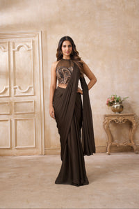 MEHENDI GREEN EMBROIDERED PRE DRAPED SAREE SET