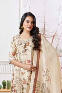 CREAM TISSUE SILK MIRROR EMBROIDERED KURTA PANT SET WITH DUPATTA