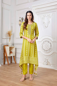 GREEN SILK MIRROR EMBROIDERED KURTA PANT SET