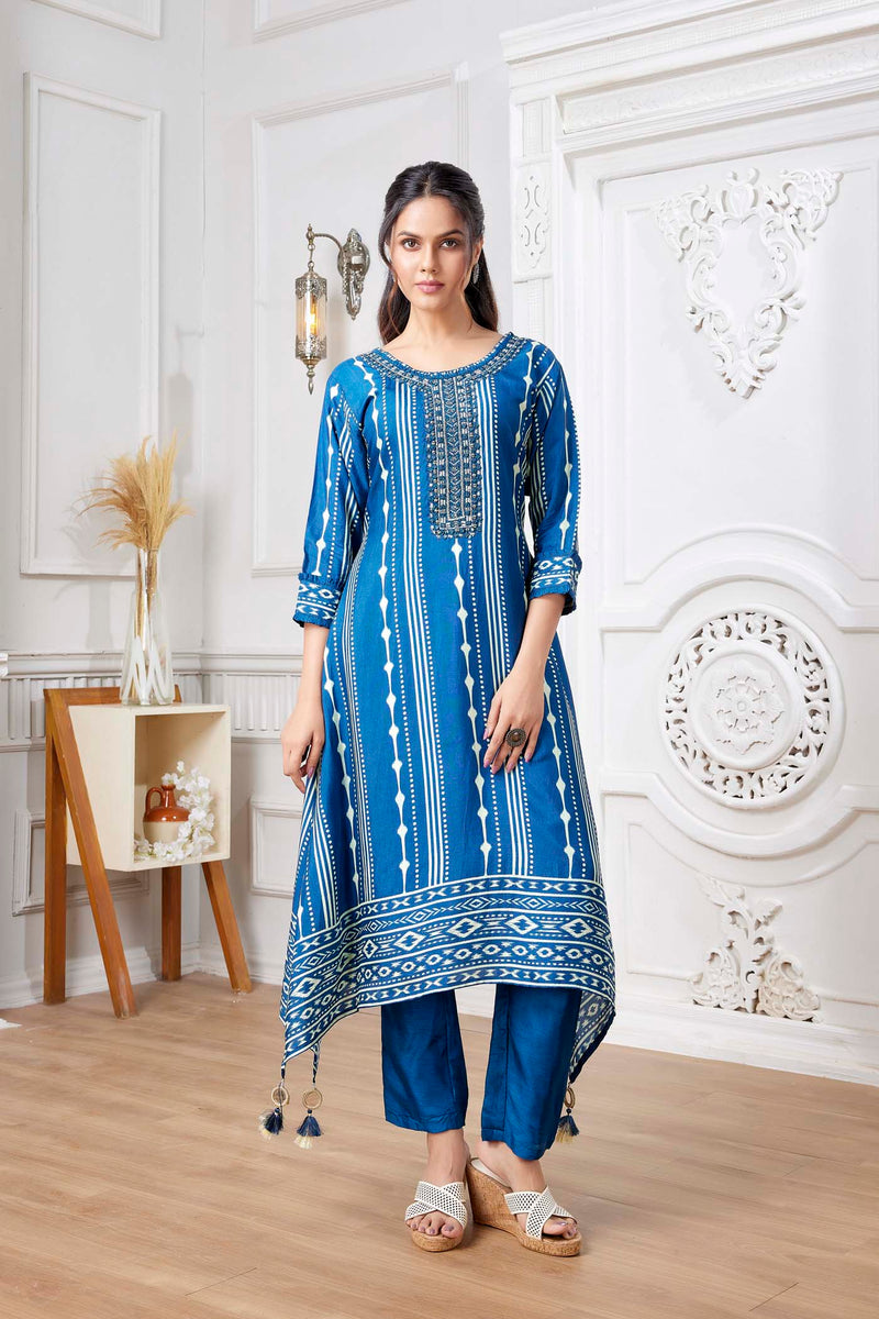 GREEN SILK MIRROR EMBROIDERED KURTA PANT SET