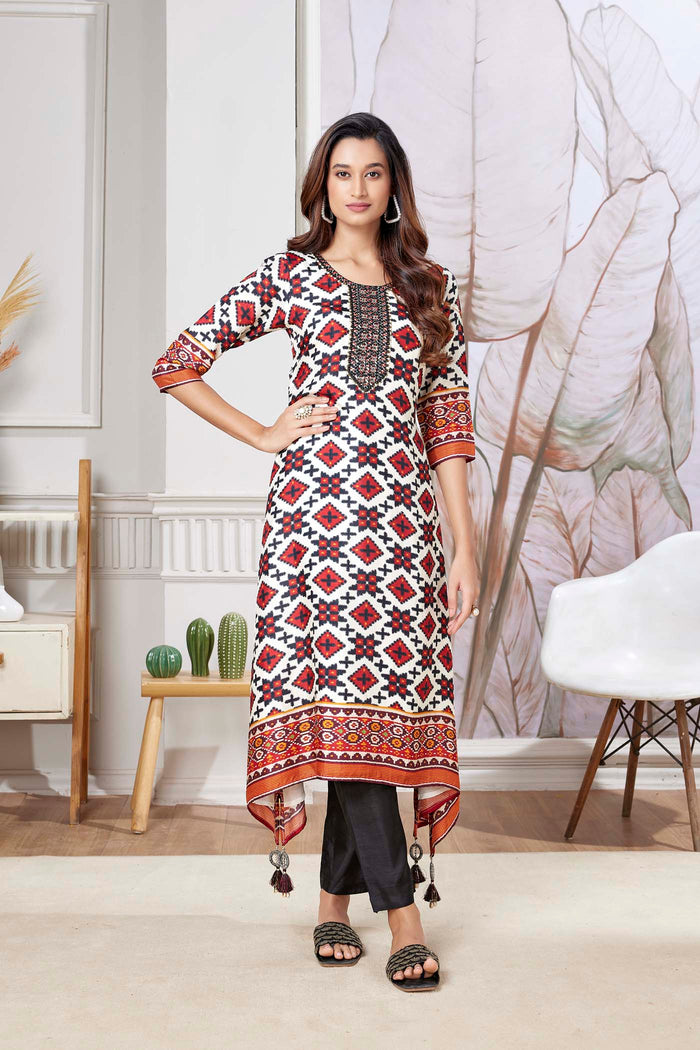 WHITE SILK PATOLA PRINT KURTA PANT SET
