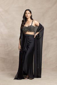BLACK EMBROIDERED CAPE AND SKIRT SET