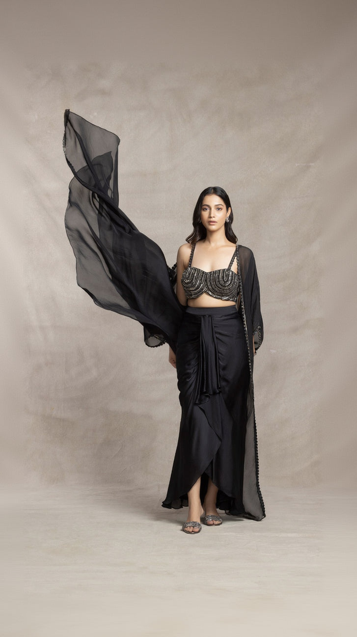 BLACK EMBROIDERED CAPE AND SKIRT SET