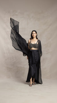 BLACK EMBROIDERED CAPE AND SKIRT SET