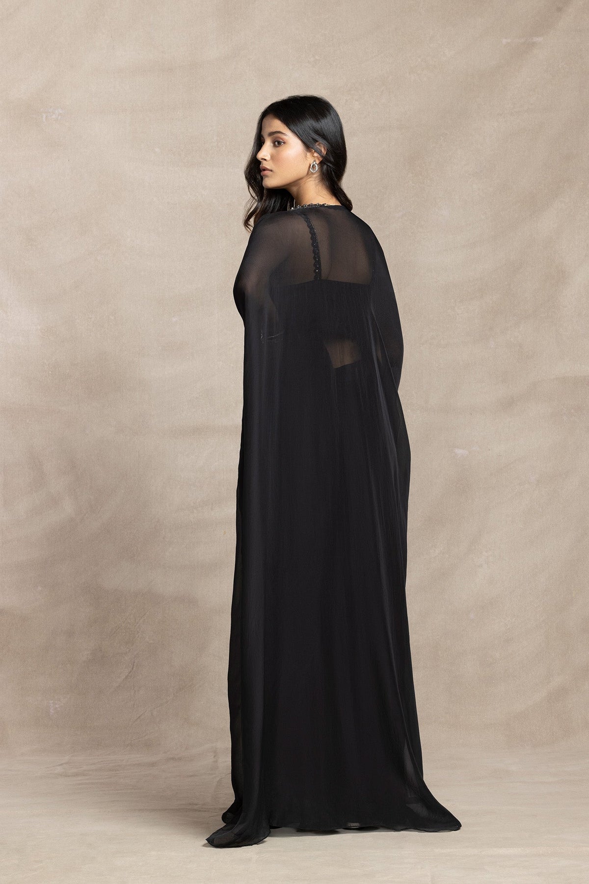 BLACK EMBROIDERED CAPE AND SKIRT SET