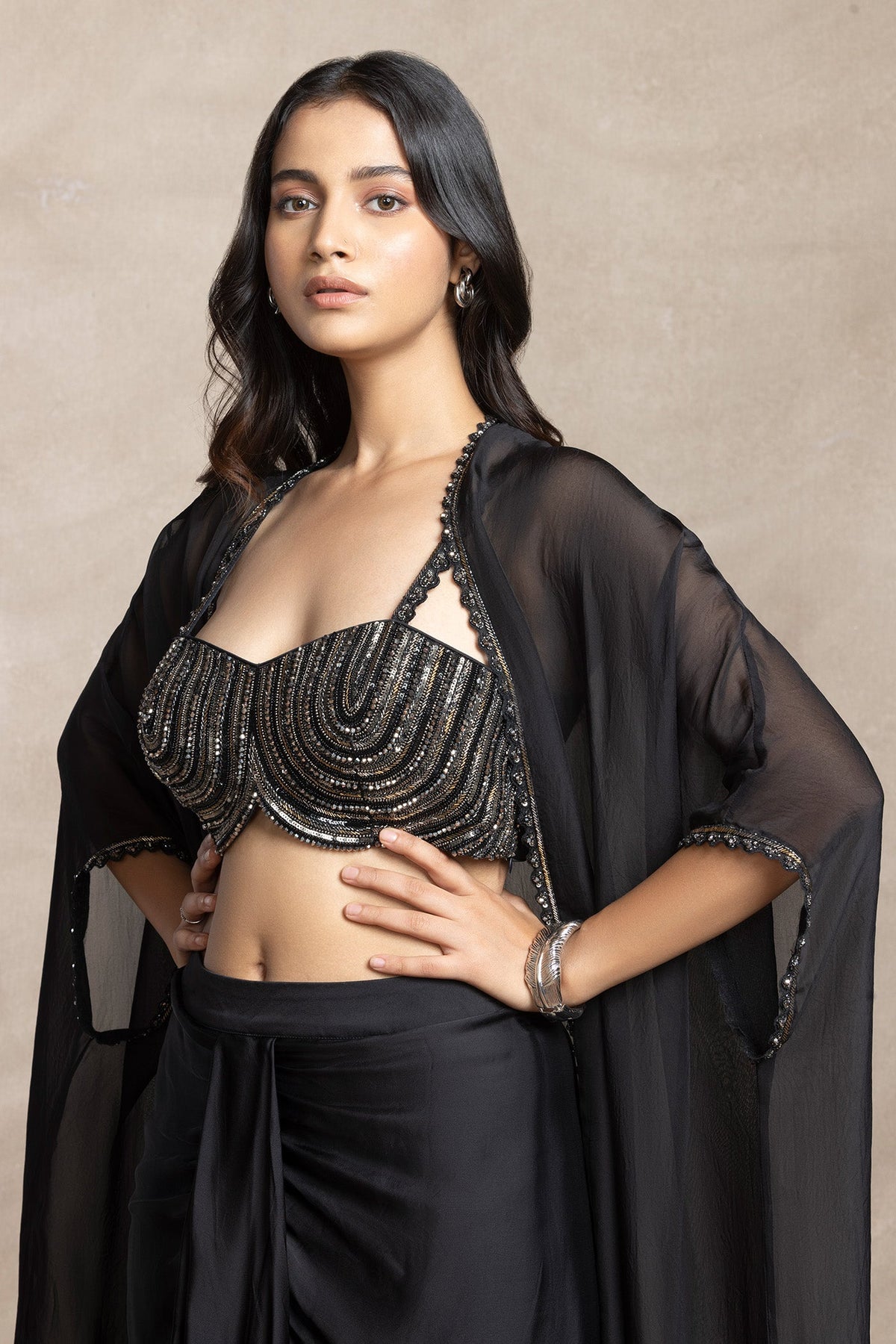 BLACK EMBROIDERED CAPE AND SKIRT SET