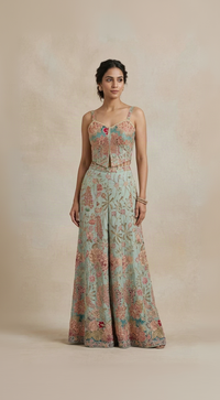 Blue printed corset sequins embroidered sharara set with embellished blouse