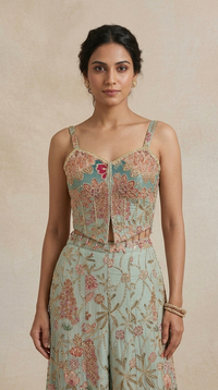 Blue printed embroidered corset blouse with sequins and beadwork