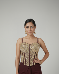 MAROON MIRROR EMBROIDERED CORSET PRE DRAPED SAREE SET