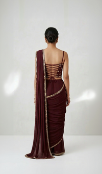 MAROON MIRROR EMBROIDERED CORSET PRE DRAPED SAREE SET