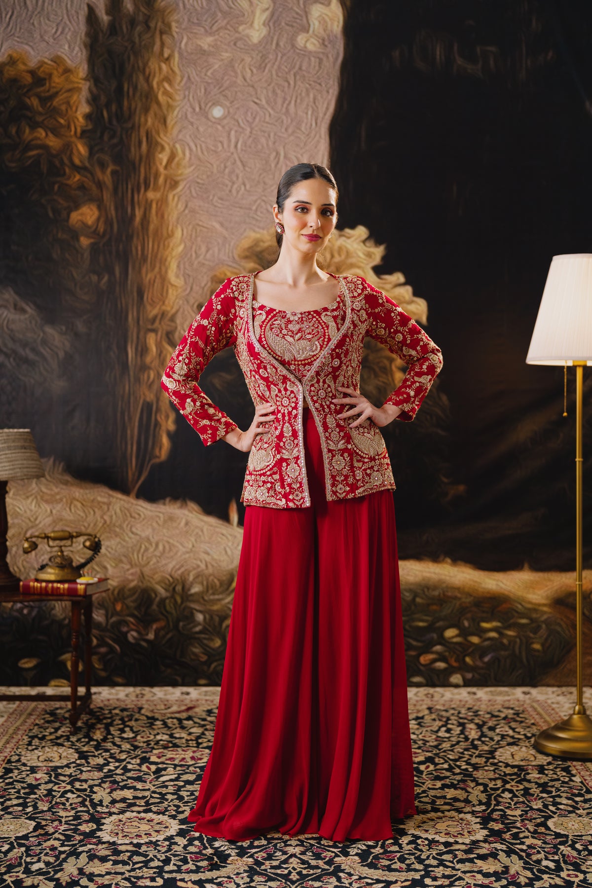 RED EMBROIDERED GEORGETTE JACKET SHARARA SET WITH THREAD WORK