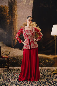RED EMBROIDERED GEORGETTE JACKET SHARARA SET WITH THREAD WORK