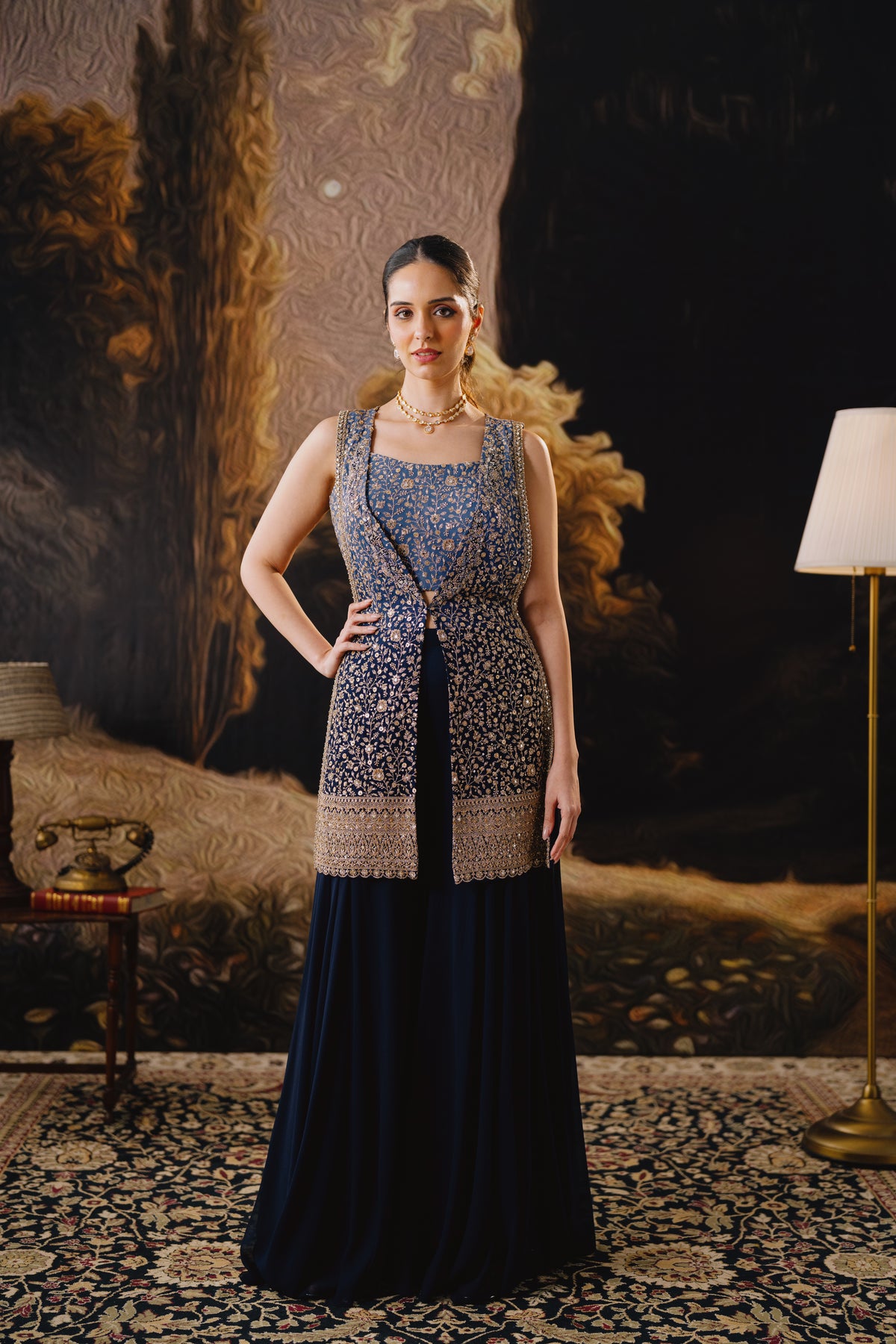 BLUE MIRROR EMBROIDERED SLEEVELESS JACKET AND SHARARA SET