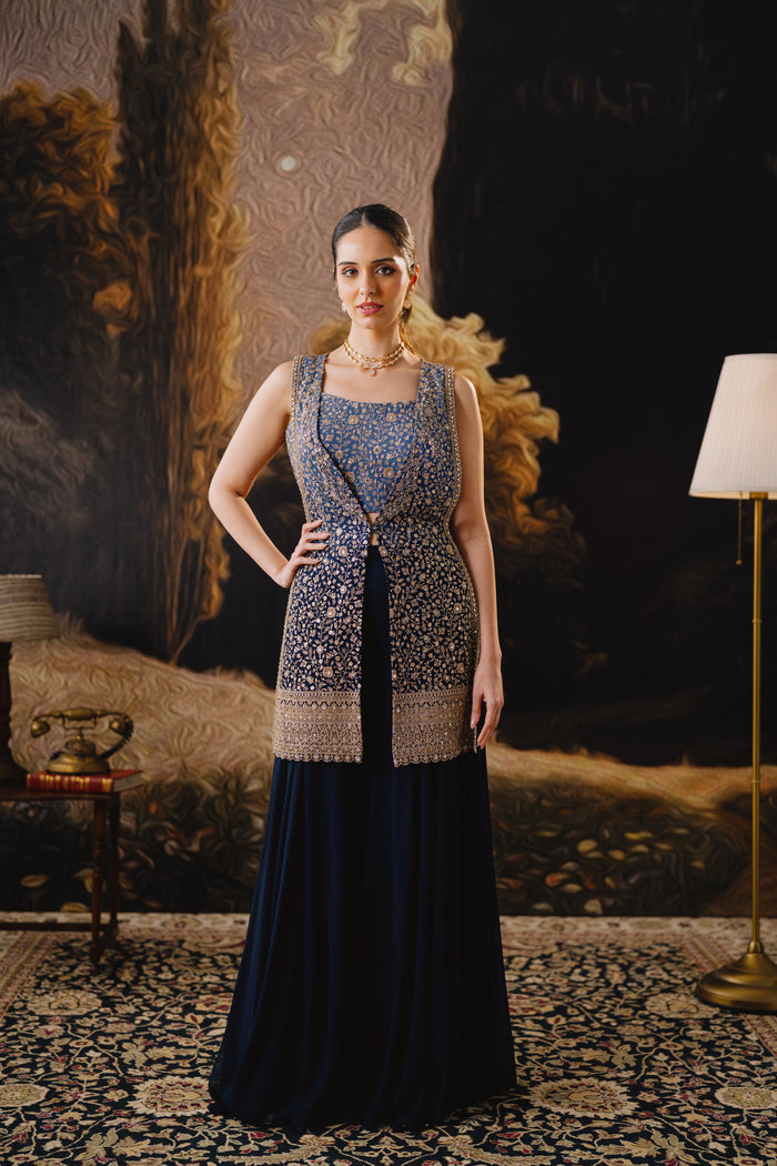 BLUE MIRROR EMBROIDERED SLEEVELESS JACKET AND SHARARA SET