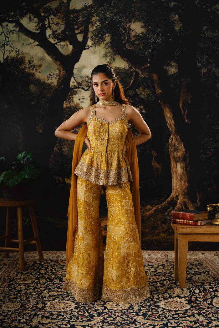 MUSTARD EMBROIDERED BANDHANI PRINT SHARARA SET | Nishly Fashion House
