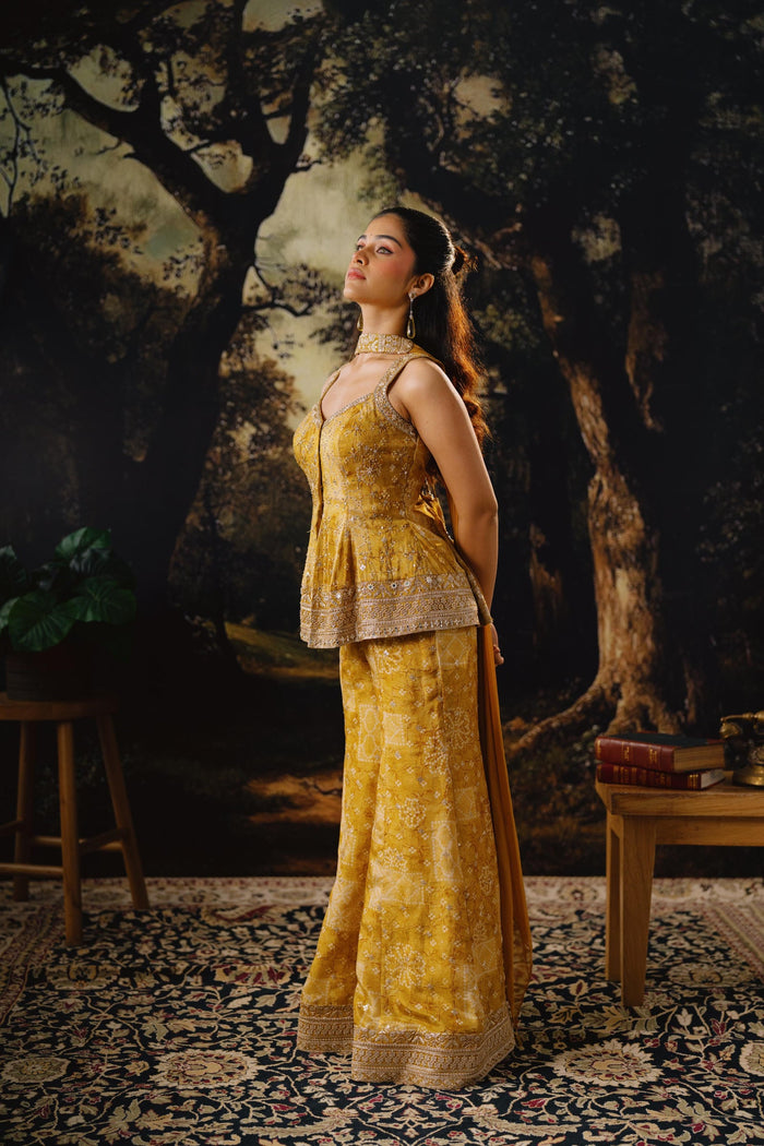 MUSTARD EMBROIDERED BANDHANI PRINT SHARARA SET | Nishly Fashion House
