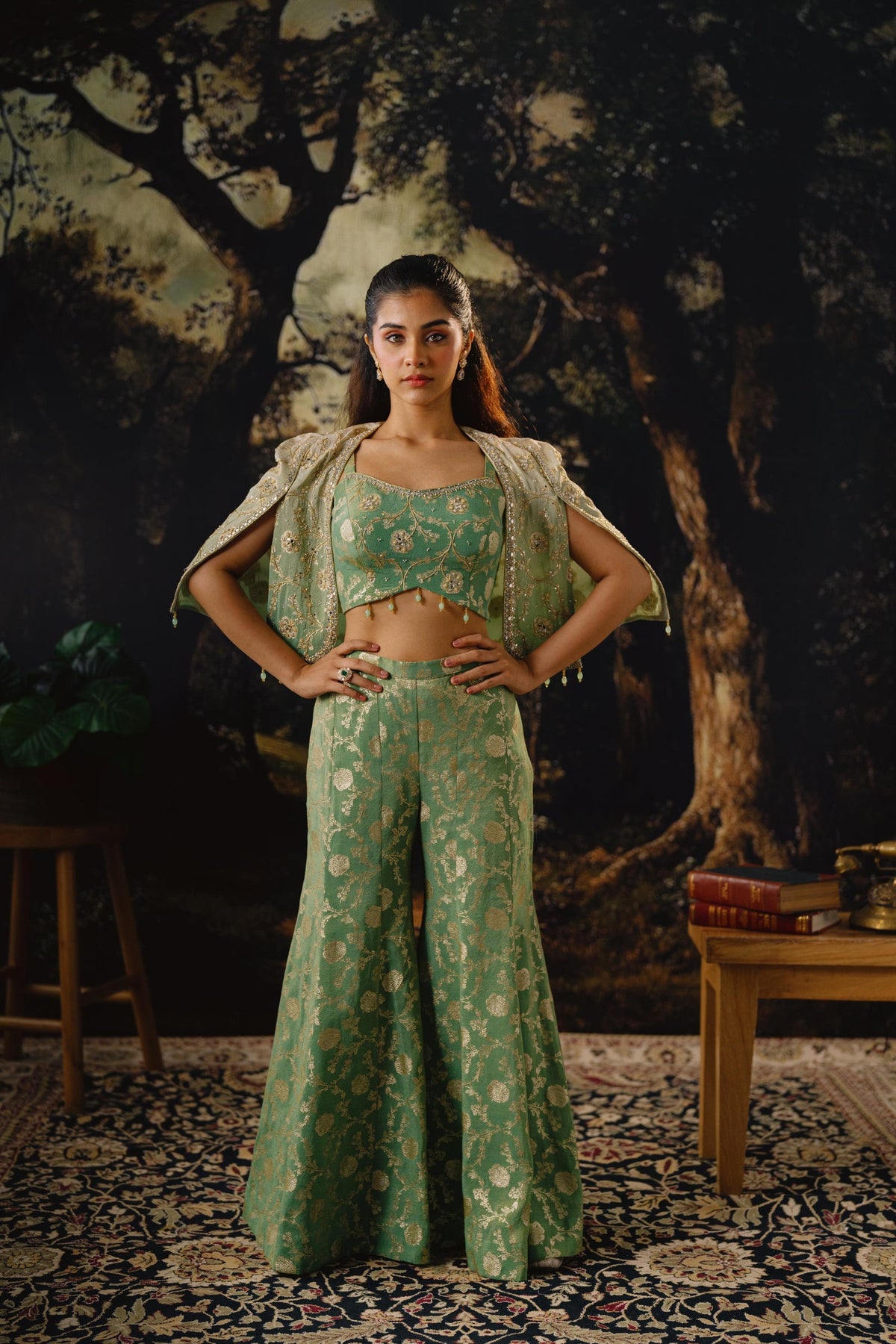 GREEN EMBROIDERED BANARASI SHORT CAPE SET | Nishly Fashion House