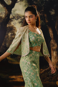 GREEN EMBROIDERED BANARASI SHORT CAPE SET | Nishly Fashion House