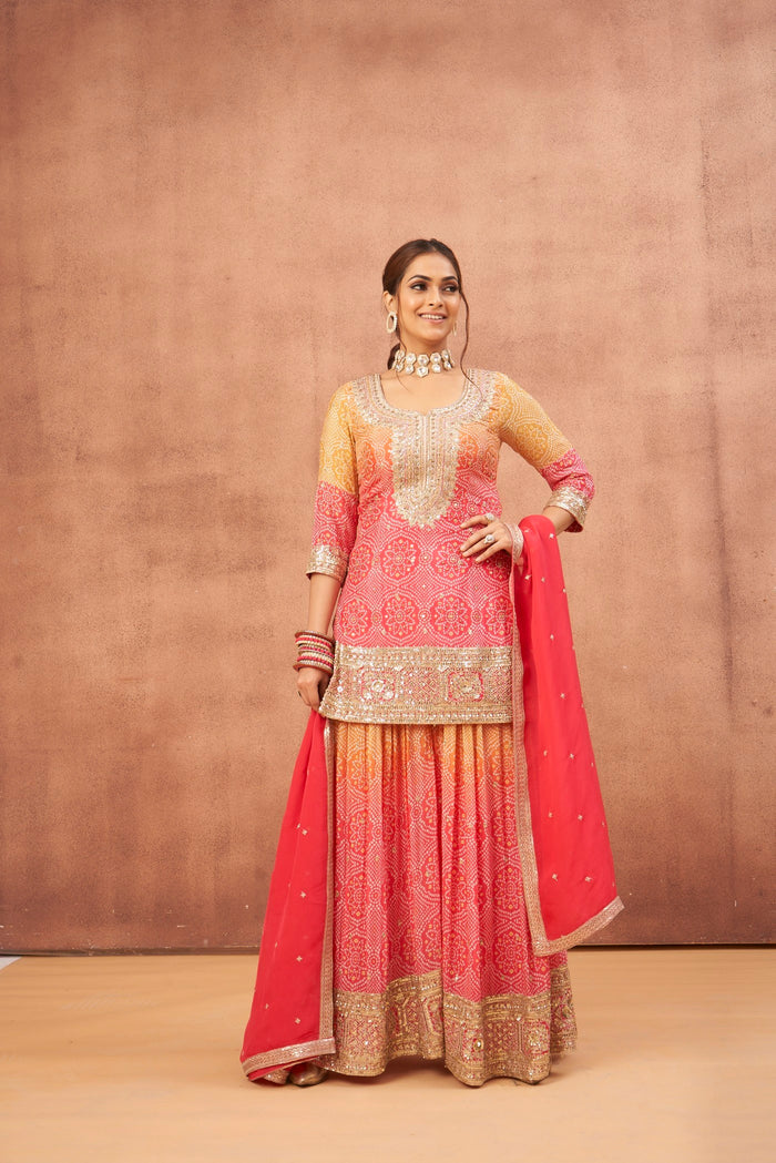 PINK BANDHANI PRINT MIRROR EMBROIDERED SHARARA SET