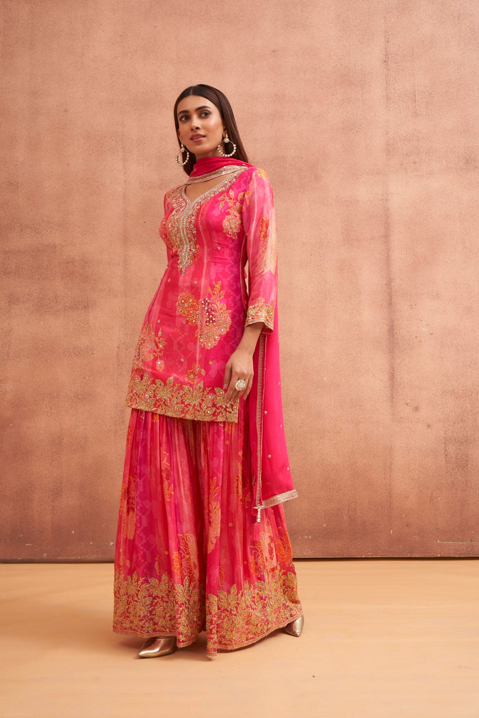 Pink Chiffon Embroidered Sharara Set