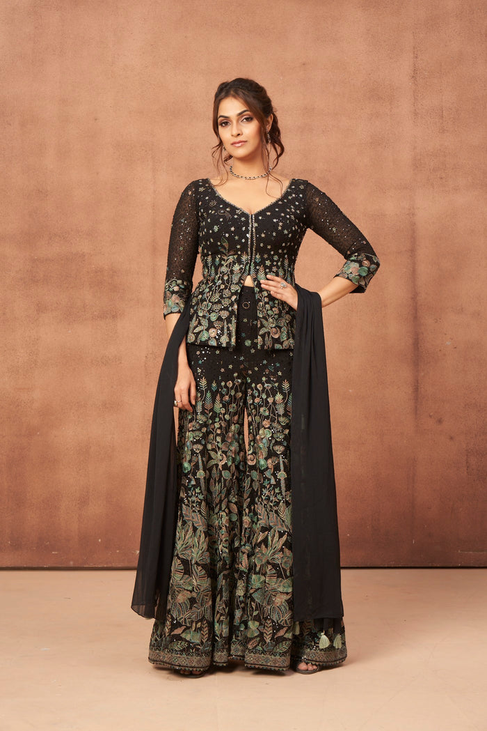 SEQUINS EMBROIDERED GREEN SHARARA SET
