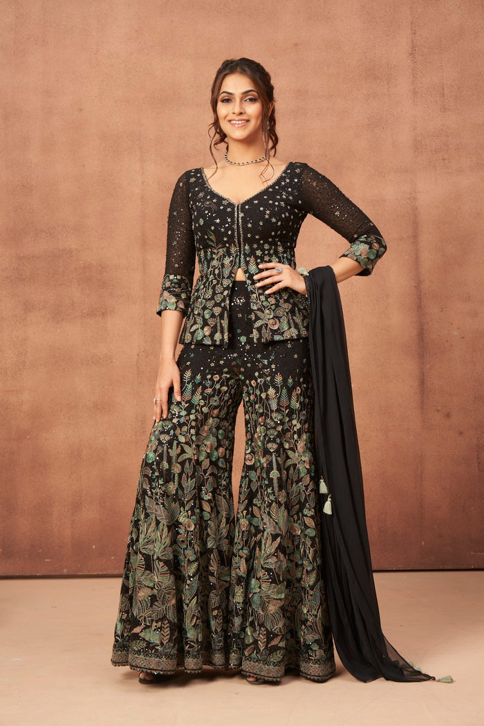 SEQUINS EMBROIDERED GREEN SHARARA SET