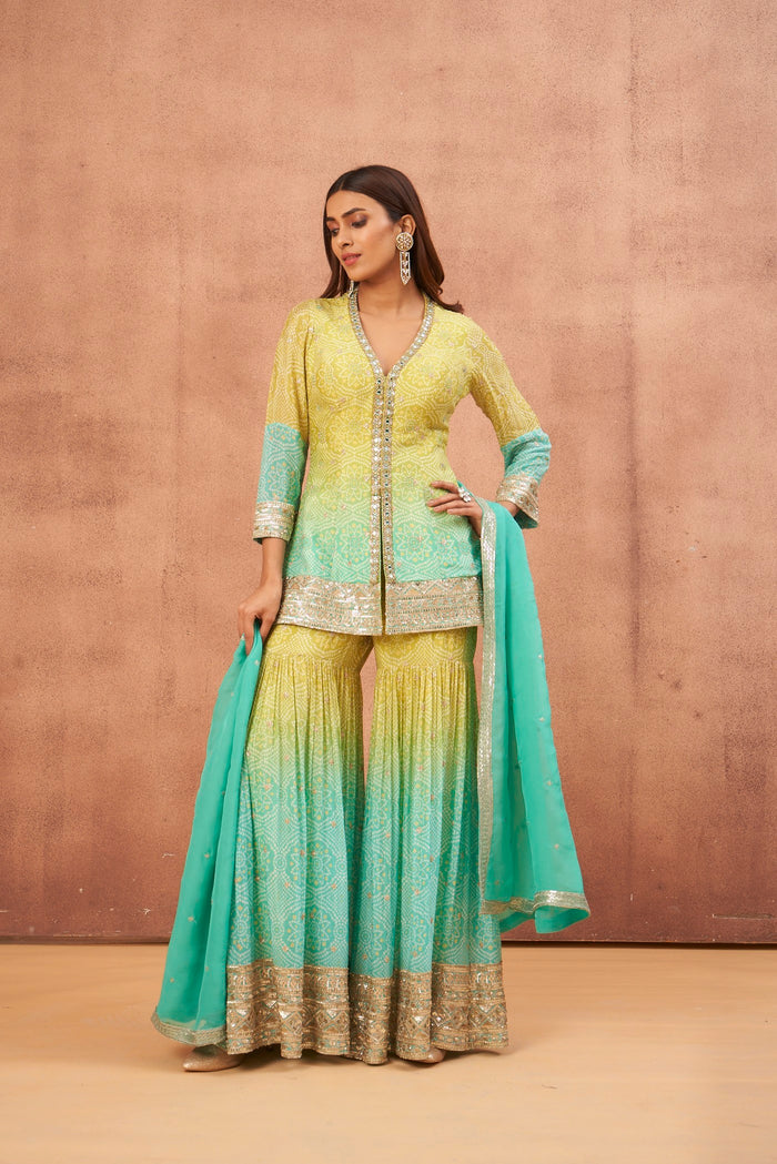 LIME GREEN BANDHANI PRINT SHARARA SET