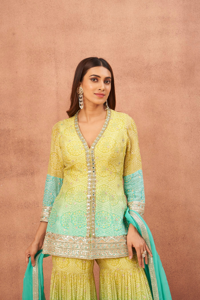 LIME GREEN BANDHANI PRINT SHARARA SET