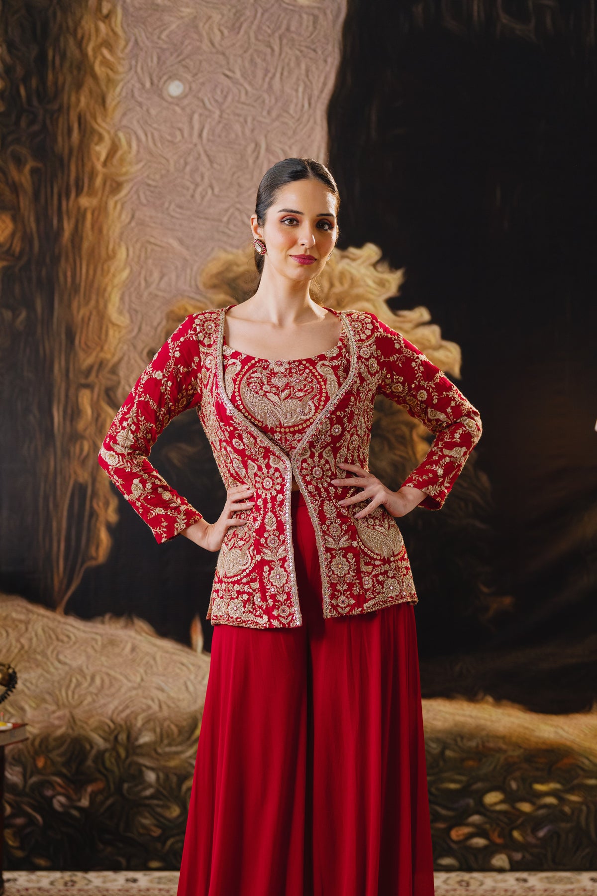 RED EMBROIDERED GEORGETTE JACKET SHARARA SET WITH THREAD WORK