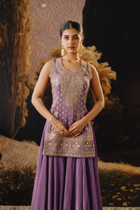 PURPLE BANARASI EMBROIDERED TISSUE SILK INDOWESTERN SHARARA SET