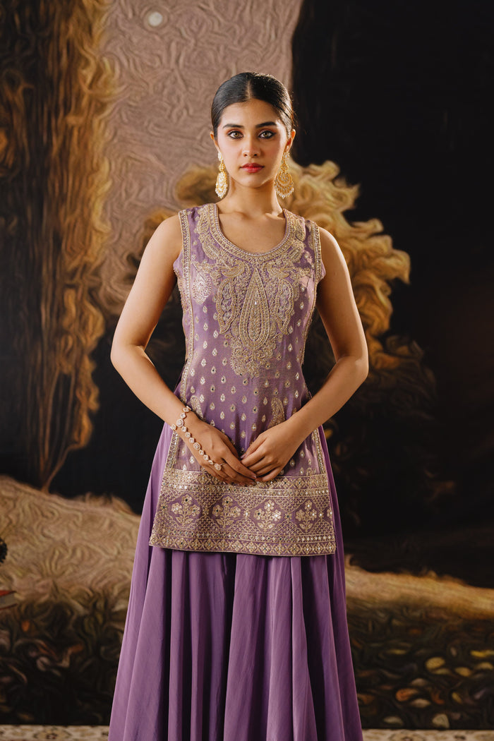 PURPLE BANARASI EMBROIDERED TISSUE SILK INDOWESTERN SHARARA SET