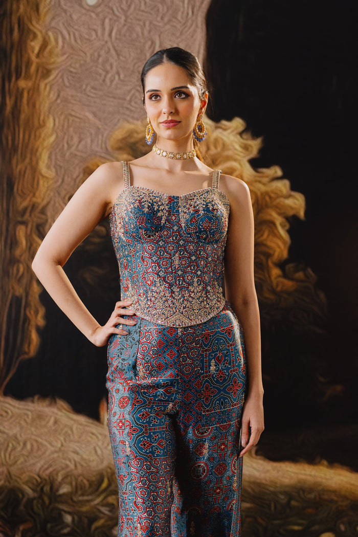 BLUE AJRAKH PRINTED CORSET SHARARA SET