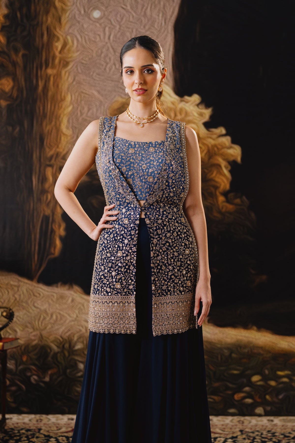 BLUE MIRROR EMBROIDERED SLEEVELESS JACKET AND SHARARA SET