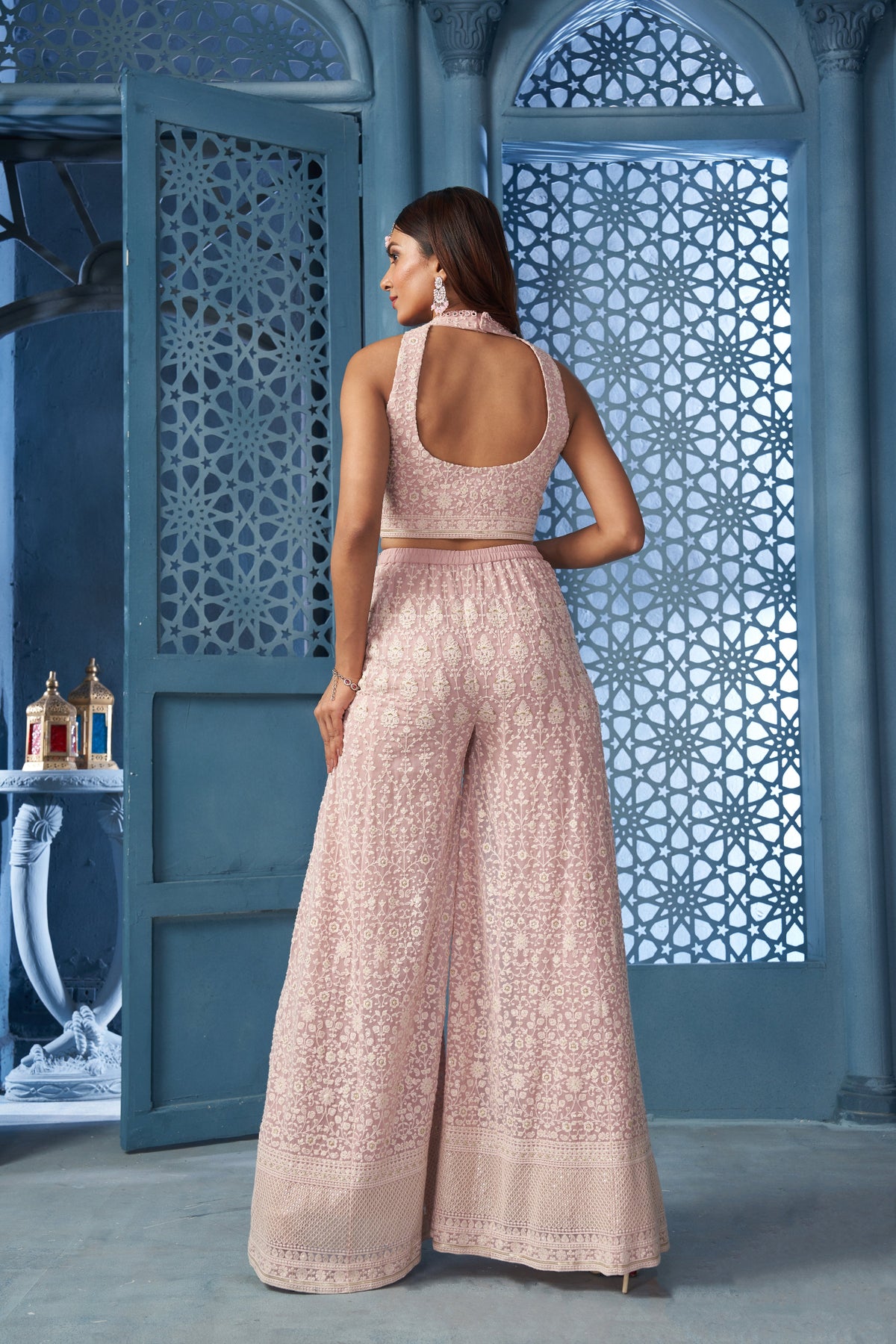 CONTEMPORARY PINK EMBROIDERED HALTER NECK PLAZO SET