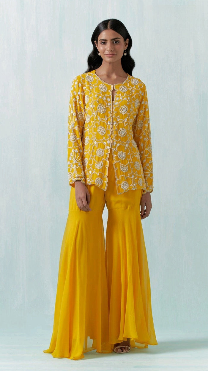 MUSTARD BEADS EMBROIDERED SHARARA SET