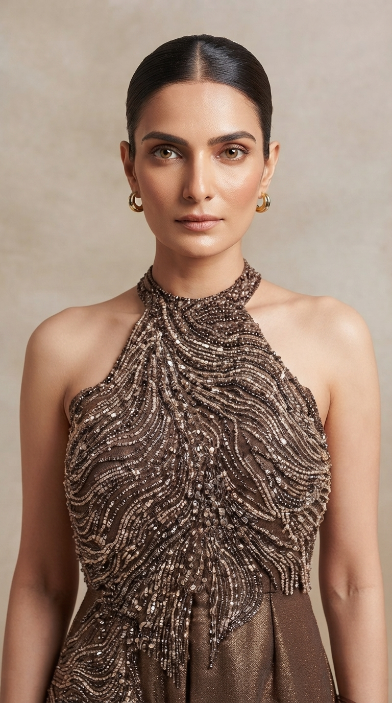Brown tissue silk sharara set featuring detailed sequin embroidery and dupatta