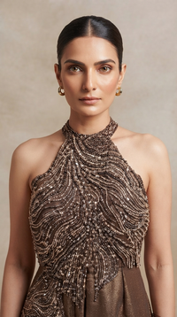 Brown tissue silk sharara set featuring detailed sequin embroidery and dupatta