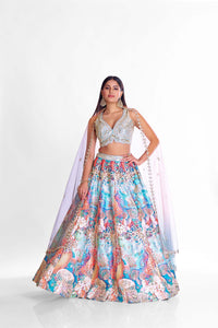 BLUE MIRROR EMBROIDERED LEHENGA SET.