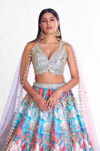 BLUE MIRROR EMBROIDERED LEHENGA SET.
