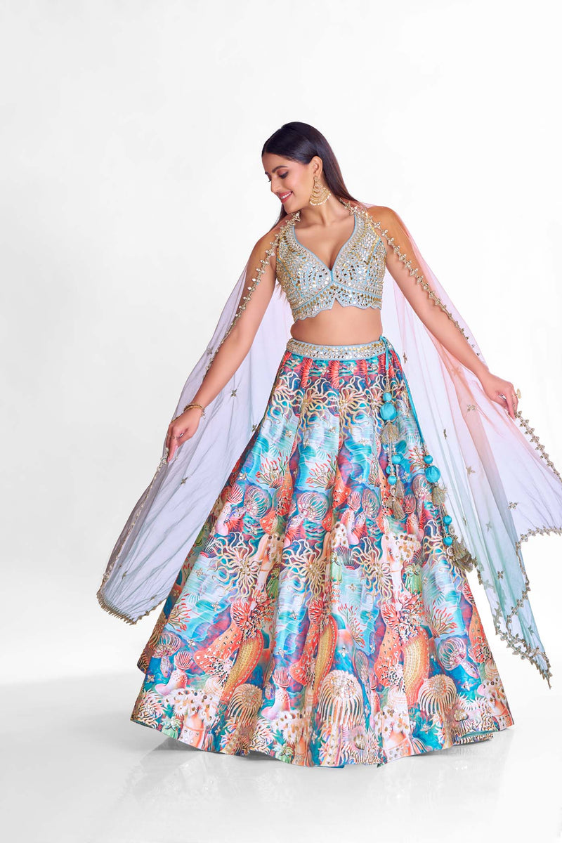 BLUE MIRROR EMBROIDERED LEHENGA SET.